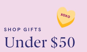 Shop gifts under $50 with yellow conversation heart on light pink background.