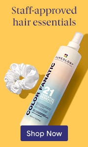Container of Pureology Color Fanatic Leave-In Spray lying next to a scrunchy.' Text: 'Shop Now.'