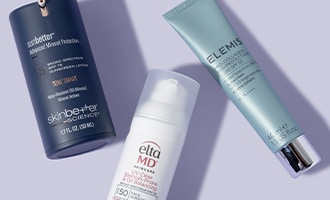 Skinbetter science, Elemis, and EltaMD sunscreens displayed on a light background.