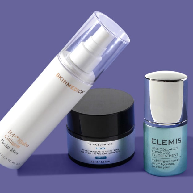 SkinMedica HA5 Hydra Collagen facial mist bottle, a SkinCeuticals P-TIOX cream and an Elemis Pro-Collagen Advanced Eye Treatment bottle on a purple background.
