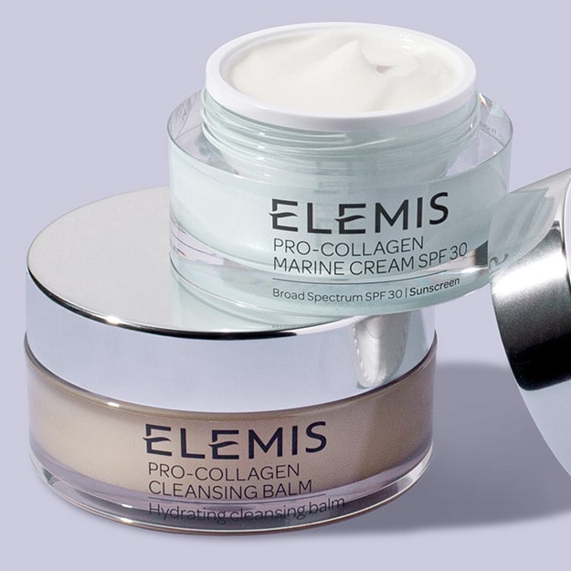 Light purple background featuring top selling Elemis products.