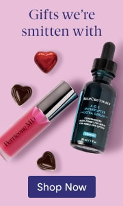 Gifts we're smitten with featuring lip gloss and hydrating serum with chocolate hearts with Shop Now button.