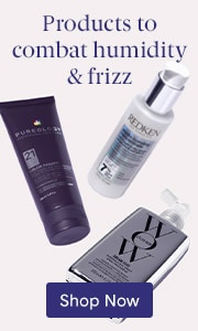 Products to combat humidity and frizz on a light grey background. Shop frizzy concern hair care products on LovelySkin.com