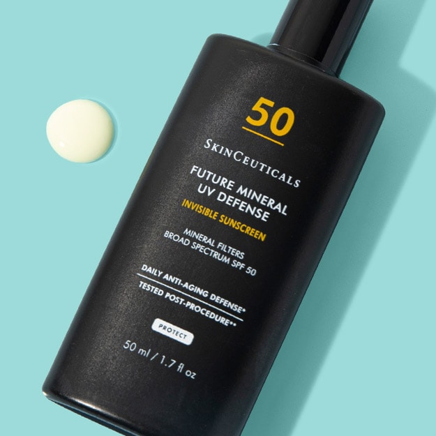 Teal background featuring SkinCeuticals new Future Mineral UV Defense SPF 50 Sunscreen.
