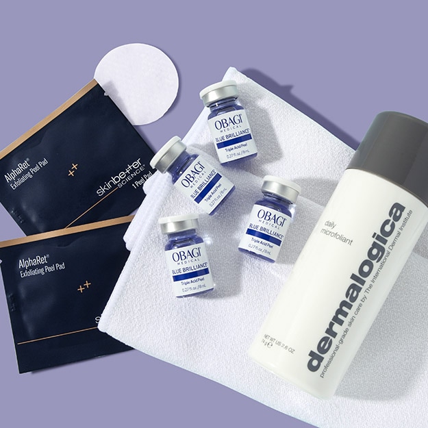 skinbetter science peels, Obagi peels, and Dermalogica Daily Microfoliant on a pastel background.