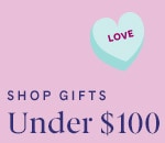 Shop gifts under $100 with blue love conversation heart on light pink background.