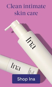 Two pump bottles of Ina intimate skincare products on pink background with text 'Clean intimate skin care' and 'Shop Ina' button.