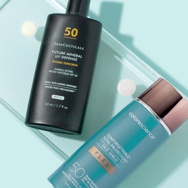 Light teal background featuring SkinCeuticals Future Mineral UV Defense SPF 50 and colorescience Sunforgettable Total Protection Face Shield Flex SPF 50 Sunscreen.