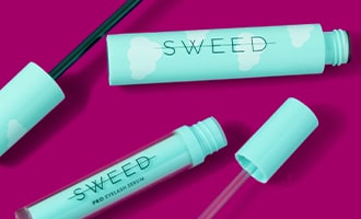 Sweed lash and brow products on magenta background.