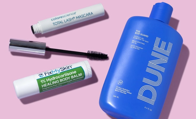 Products from DUNE, FixMySkin and Colorescience lying next to each other.