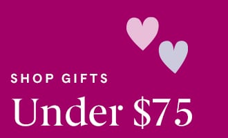 Shop gifts under $75 with pink and white hearts on magenta background.