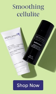 Products from Replenix and Revision Skincare on a light green background. Shop cellulite smoothing products on LovelySkin.com