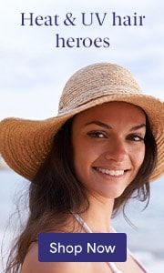 Young woman in a sun hat smiling. Text: 'Shop Now.'