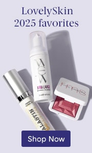 LovelySkin 2025 favorites collection featuring various skin care products with 'Shop Now' button