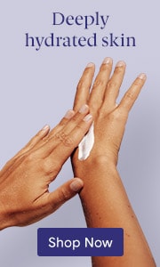 Hands applying moisturizer or lotion on a neutral background with text 'Deeply hydrated skin' and 'Shop Now' button