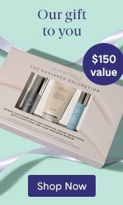SkinMedica’s “The Radiance Collection” Gift Set with text "Our gift to you" and "$150 value" badge.