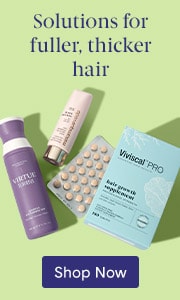 Virtue Flourish Shampoo, Miriam Quevedo Black Baccara Hair Repairing & Multiplying Serum and Viviscal PRO Supplements. Text: 'Shop now.'