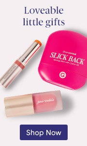 Loveable little gifts featuring lipstick, hair tool and lip plumper with Shop Now button.