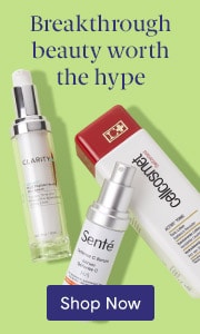 Beauty products from Cellcosmet, Sente, and Clarity arranged on a neutral background with text 'Breakthrough beauty worth the hype' and 'Shop Now' button