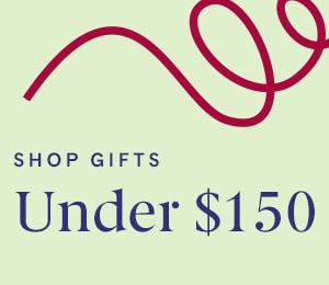 Shop gifts under $150 with decorative ribbon on mint green background