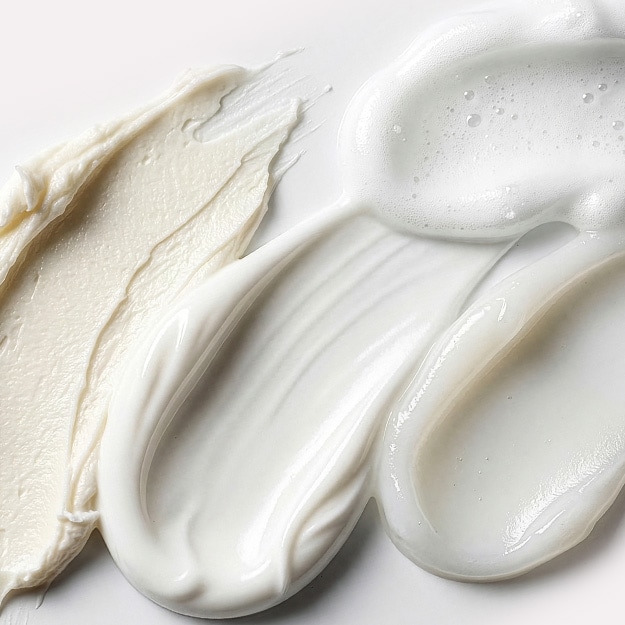 Close-up swatches of skin care textures on a white surface, showing a beige balm, a white cream and a foamy translucent gel.