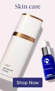iS Clinical Active Serum and Skin Medica TNS Advanced Serum Skin Care products on off-white background.