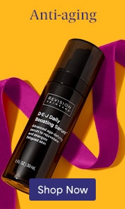 Revision Skincare anti-aging product on orange background with 'Shop Now' call-to-action