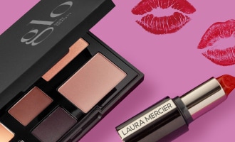 Date night ready makeup collection featuring eyeshadow palette and lipstick.