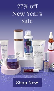 New Year's Sale banner displaying skin care products on purple glittery backdrop with 27% off promotion and Shop Now button.