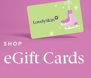 Shop eGift Cards with green LovelySkin Gift Card with pink ice skates on pink background