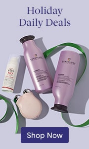 Hair products, sunscreen and a beauty device that are included in a Holiday Daily Deals sale arranged on a purple background with a green ribbon.