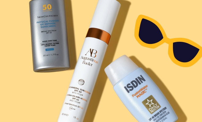 Three sunscreens lying next to each other.
