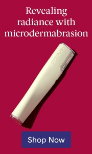 Trophy Skin MicrodermMD handheld microdermabrasion device on burgundy background with text 'Revealing radiance with microdermabrasion' and 'Shop Now' button.