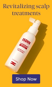 ISDIN Psorisdin Scalp Treatment spray bottle on yellow background with text 'Revitalizing scalp treatments' and 'Shop Now' button.