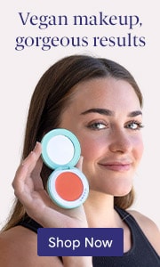 Model holding vegan makeup compact on white background and 'Shop Now' button.