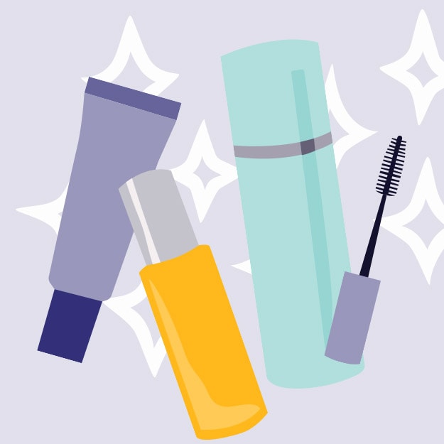 Illustrated Skincare, hair care, and makeup icons on light purple background