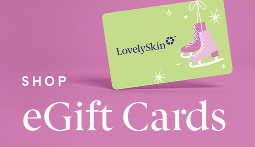 Shop eGift Cards with green LovelySkin Gift Card with pink ice skates on pink background