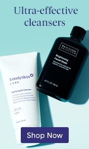 LovelySkin LUXE Clarifying Gel Cleanser and Revision Skincare Brightening Facial Wash on a light blue background. Shop Men’s Cleansers on LovelySkin.com