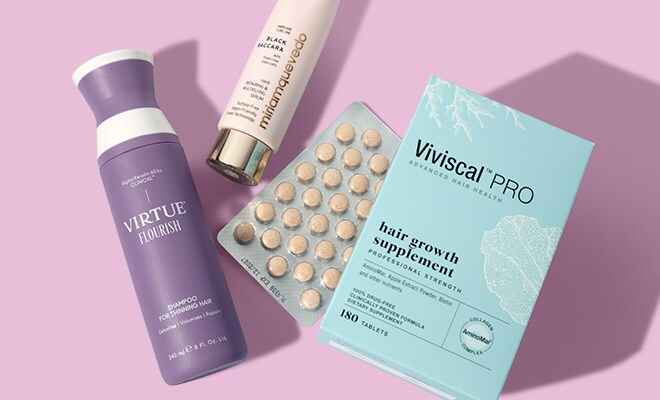 Virtue Flourish Shampoo, Miriam Quevedo Black Baccara Hair Repairing & Multiplying Serum and Viviscal PRO Supplements