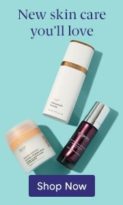 Three skin care products including Vivant Skincare pump bottle, Revision Skincare jar and serum bottle arranged on light blue background with text 'New skin care you'll love' and 'Shop Now' button.