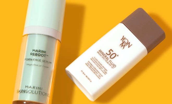 Skincare products displayed on a bright yellow background.