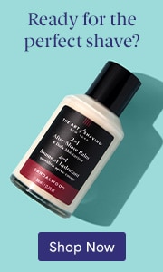 Revision Skincare Soothing Facial Rinse bottle on light blue background with text 'Ready for the perfect shave?' and 'Shop Now' button.