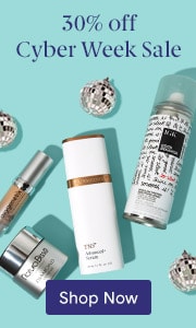 30% off Cyber Week Sale featuring skin care products including serums and treatments displayed on a turquoise background with a Shop Now button.