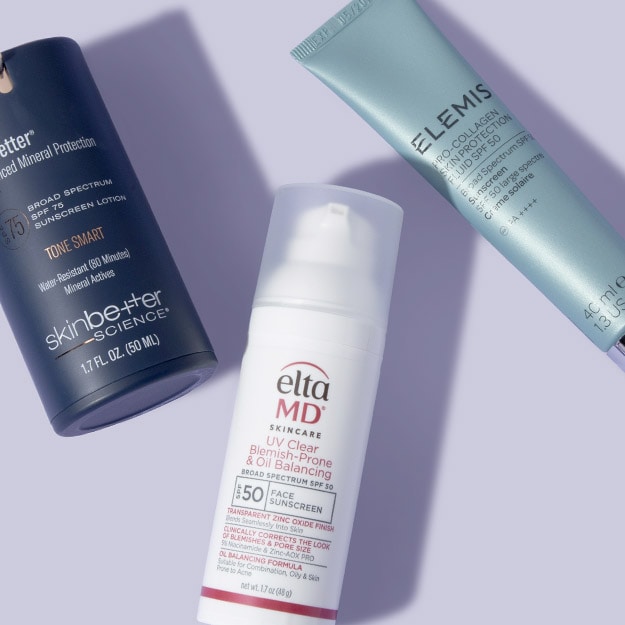 Skinbetter science, Elemis, and EltaMD sunscreens displayed on a light background.