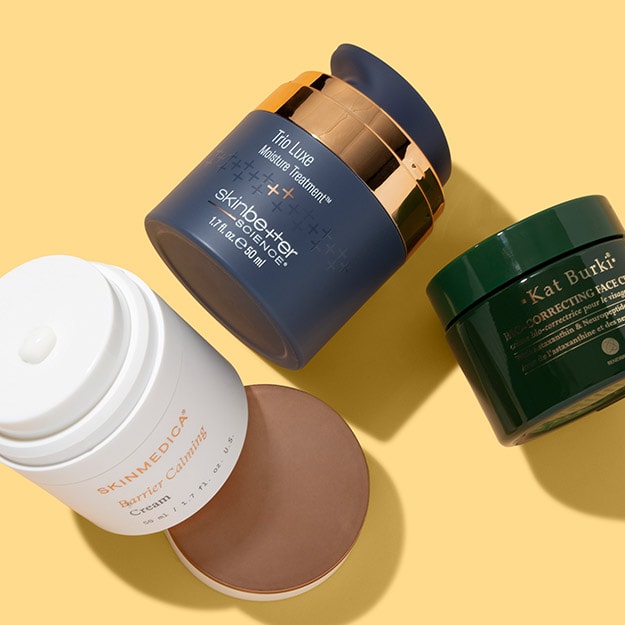 skinbetter science, SkinMedica, and Kat Burki moisturizers on a golden yellow background.