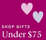 Shop gifts under $75 with pink and white hearts on magenta background.