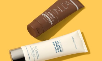 Two body treatment products displayed on a bright yellow background.