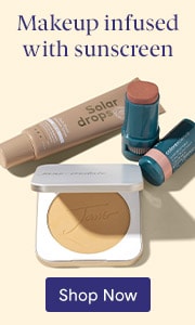Onekind Solar drops, Colorescience Blush stick, and Jane Iredale Pure Pressed base on a light yellow background. Shop SPF makeup on LovelySkin.com