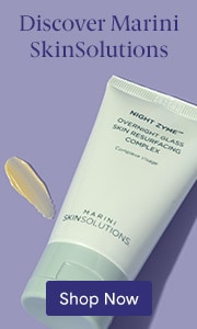 Marini SkinSolutions bottle on purple background with text discover Marini SkinSolutions and a shop now button.