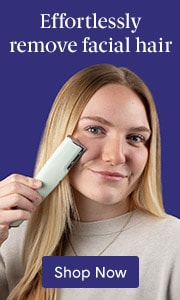 Model using facial hair removal tool on a dark blue background. Shop facial hair removal tools on LovelySkin.com